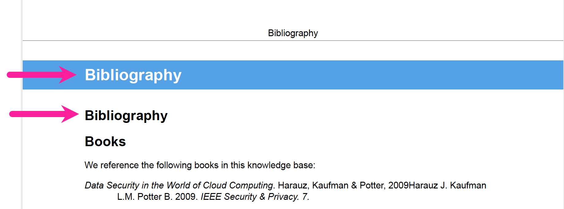 A topic with the title "Bibliography". Inside the topic, there is a second title "Bibliography" and this is an auto-generated title.