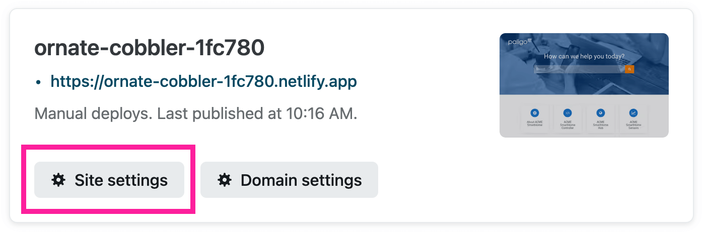 Site panel in Netlify. It has a Site settings button.