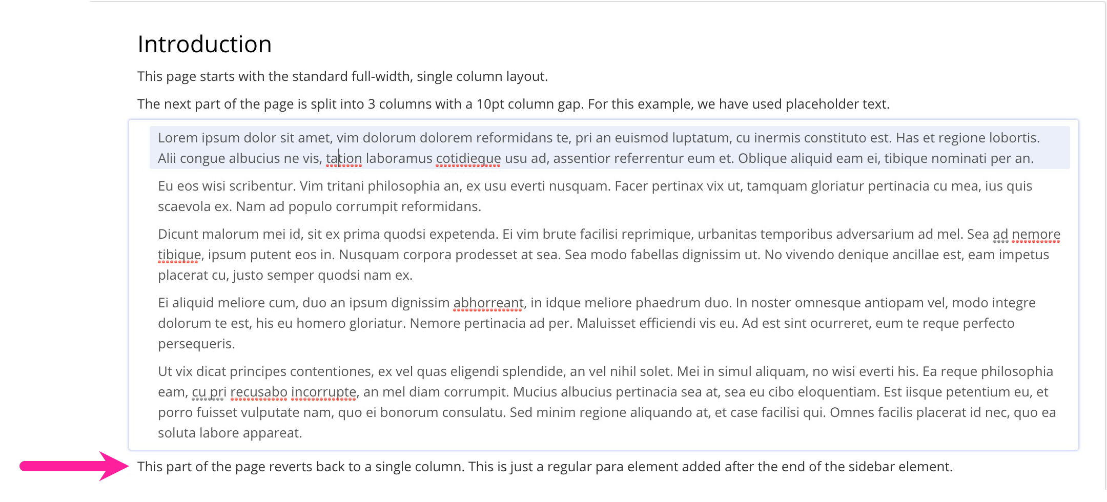 A topic with a title, some text, and a sidebar containing text. After the sidebar, there is another paragraph of text. A callout arrow points to the paragraph after the sidebar.