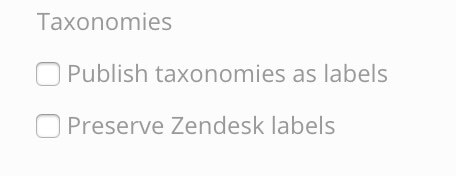 Paligo Zendesk integration settings. The taxonomies section is shown. It has two checkboxes, one for Publish taxonomies as labels and one for Preserve Zendesk labels.