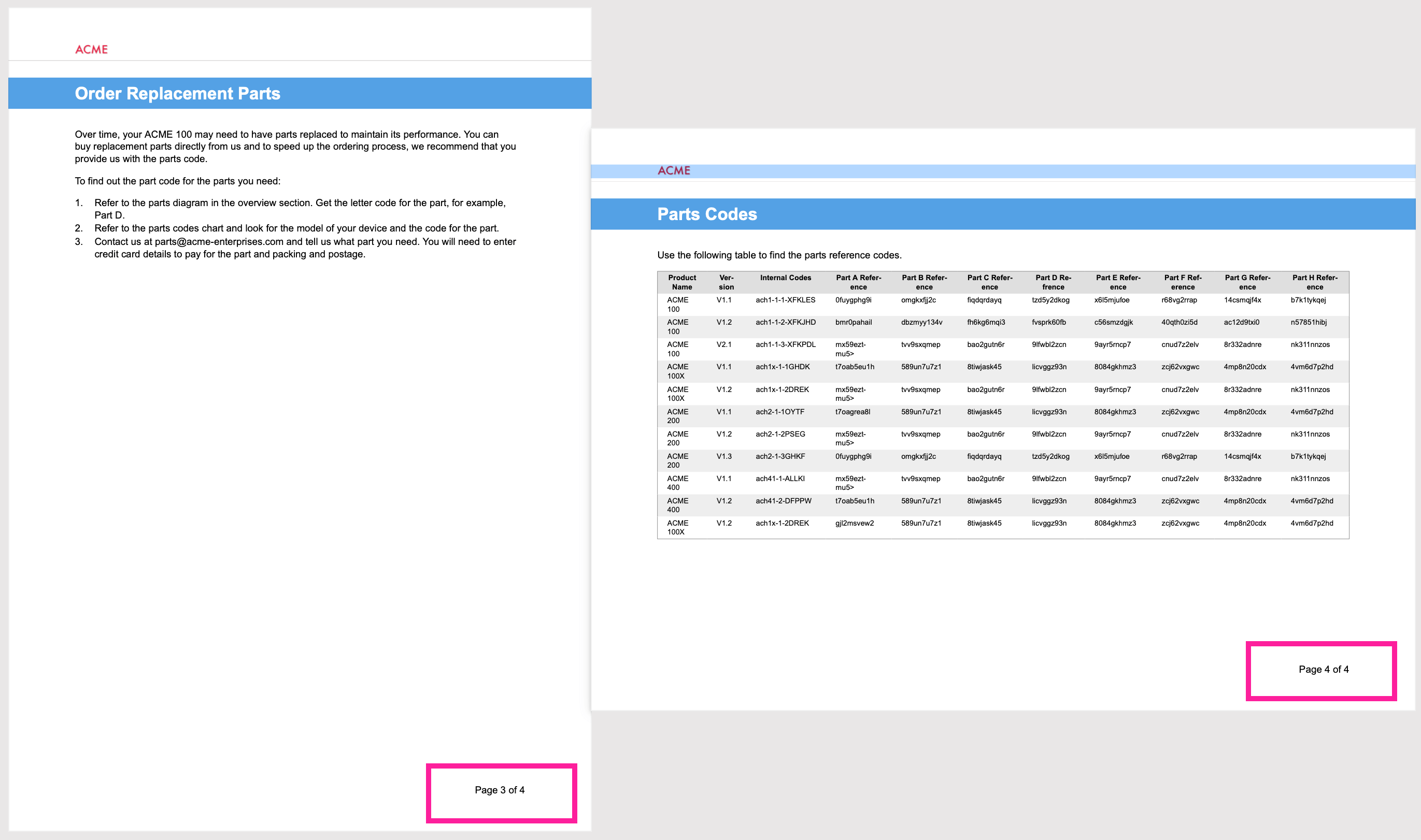 Two PDF pages side-by-side. The left page is page 3 and it has portrait orientation. The right page is page 4 and it has landscape orientation so that the page can show a wide table.