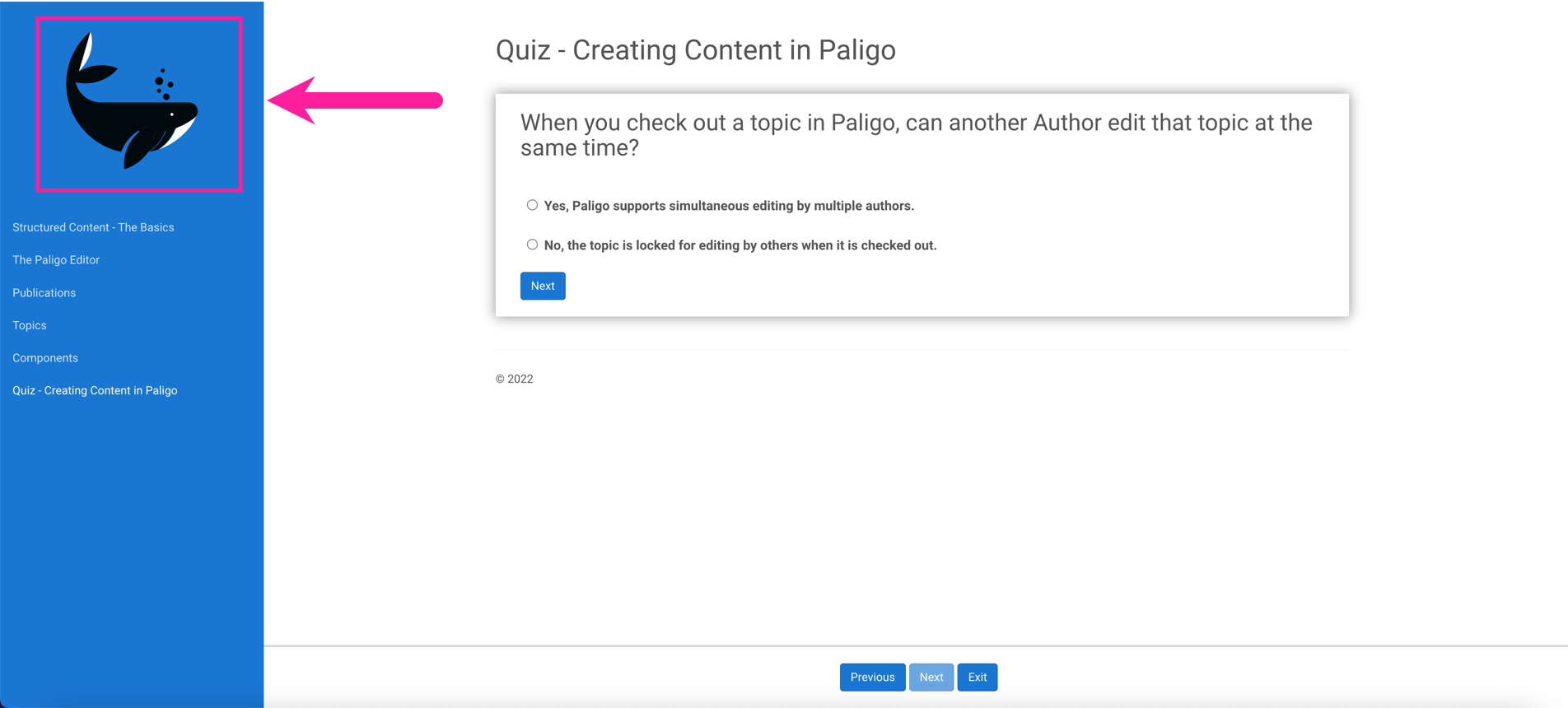 Sample Paligo eLearning output. In the top left corner, there is a whale logo. This is a custom logo that has been uploaded to a layout.