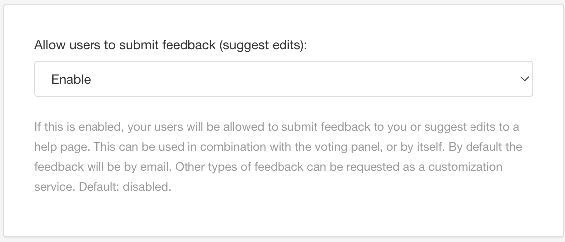 HTML5 layout editor, Feedback category. The Allow users to submit feedback (suggest edits) setting has a dropdown with Enable, Disable, and Default options.