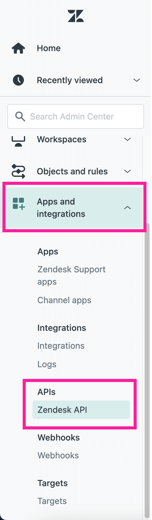 Zendesk admin center menu. Apps and Integrations is selected. Inside that, Zendesk API is selected.