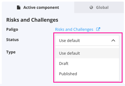 Active component tab. It has a link to a Paligo article and a status dropdown for choosing draft, published, or use default.