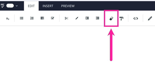 Close-up of right side of Edit toolbar. A callout box and arrow highlight the eraser icon, which is for the Remove formatting option.