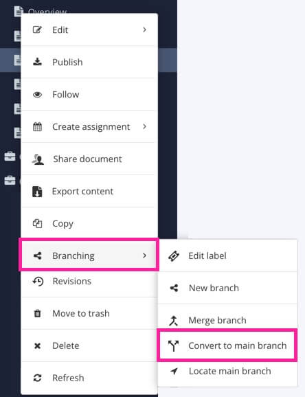 Topic's options menu is selected, Branching option is selected followed by Convert to Main Branch.