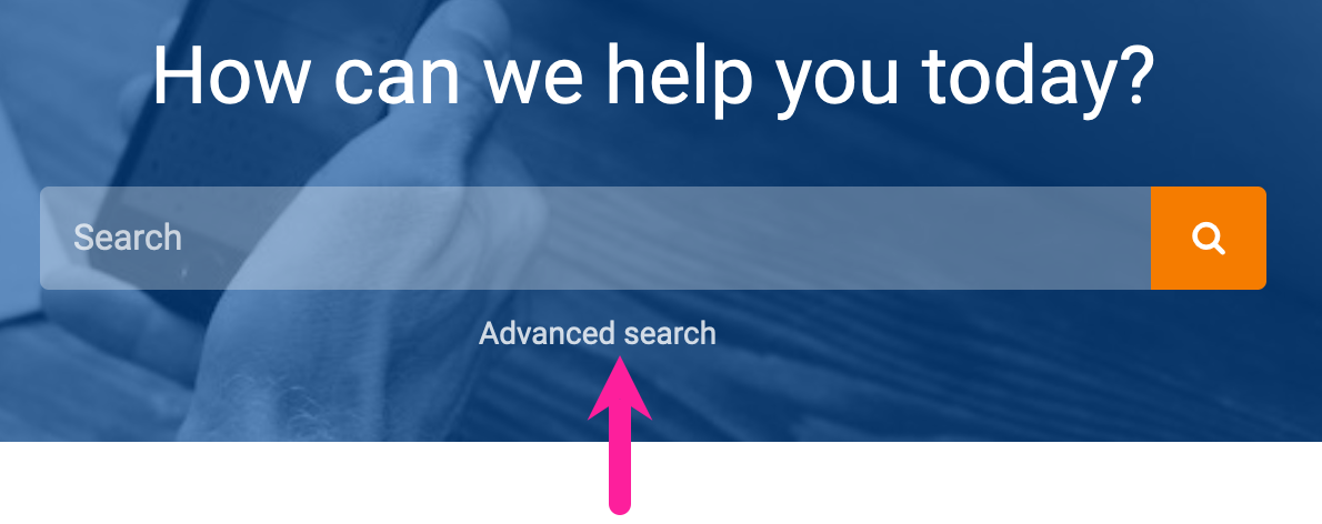 Help Center portal page. Close-up of main search field. Below the search field is an "advanced search" link. A callout arrow points to the link.