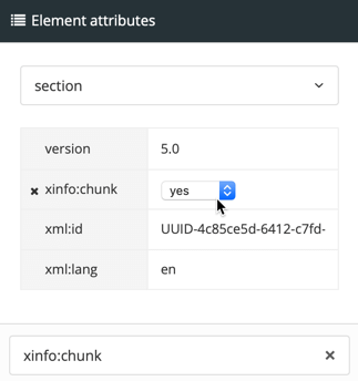 Element attributes side panel. It shows the section element has an xinfo:chunk attribute that is set to yes.