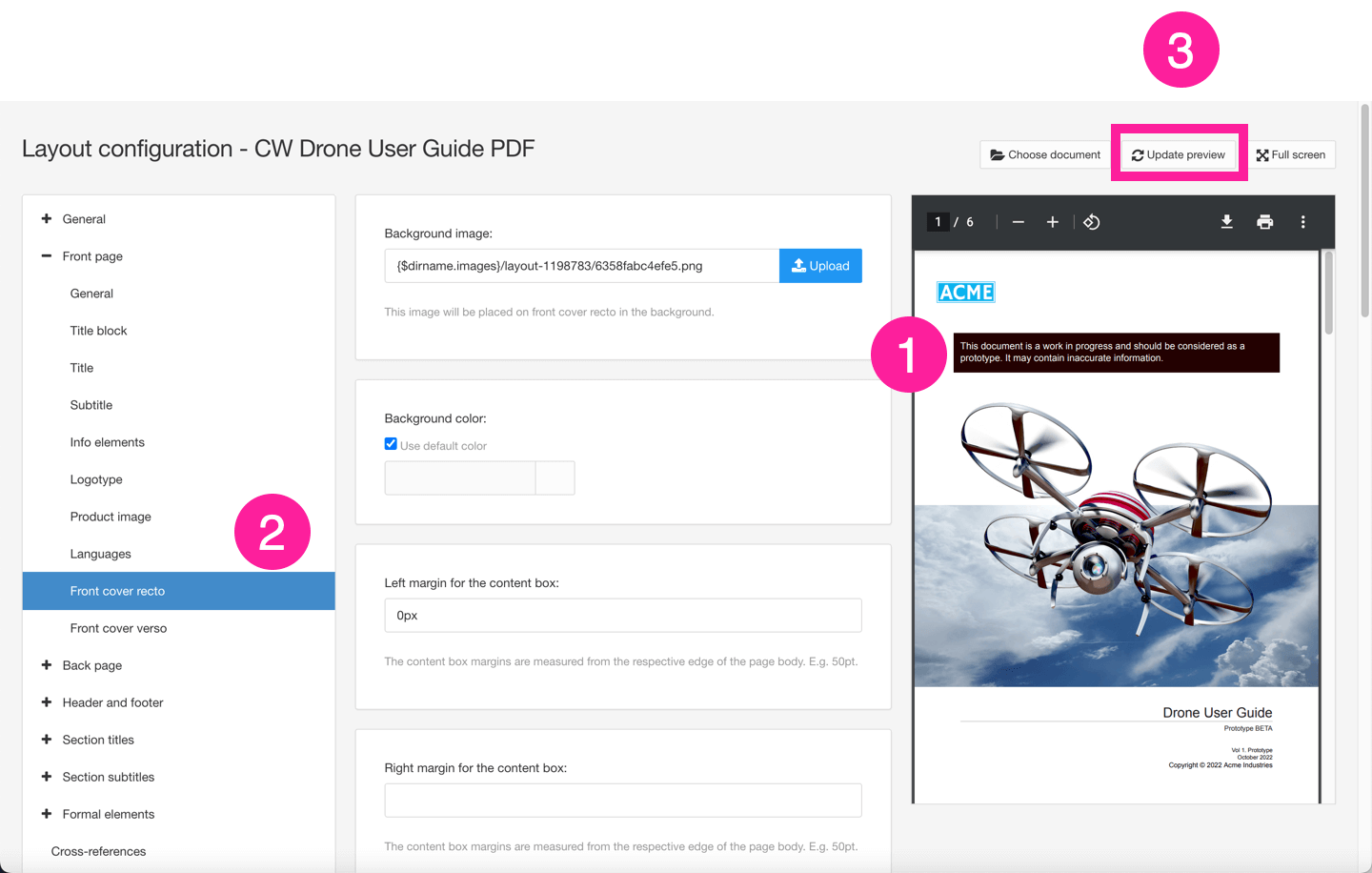 PDF Layout editor. The preview shows the cover of a document. It has a callout numbered 1 next to it. Above the preview, the Update preview button is highlighted and has a callout numbered 3. On the left, the PDF layout settings have a callout numbered 2.