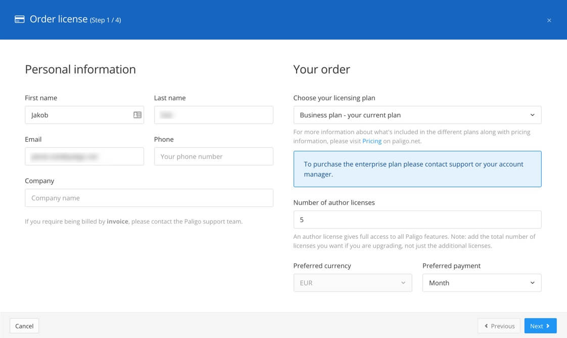 Order licenses wizard, screen 1 of 4. On the left there are fields for your personal information such as name, email, and company. On the right there are options for choosing your plan, number of full author licenses, and currency.