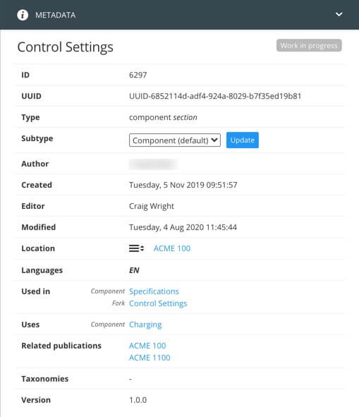 The metadata section for a topic. It shows information about the topic, including its dependencies.