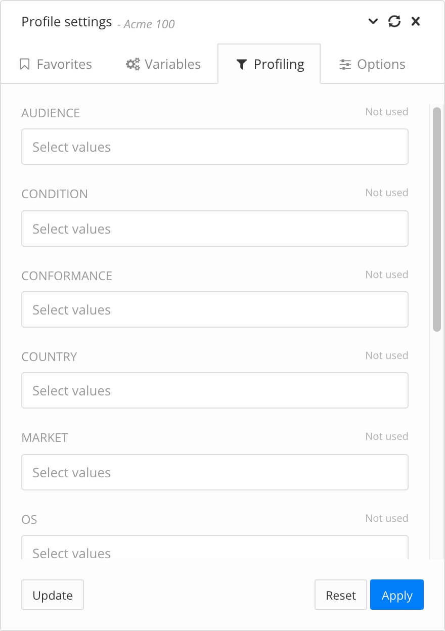 Profile settings dialog. The profiling tab is selected revealing a list of possible filter types and fields for setting the values.