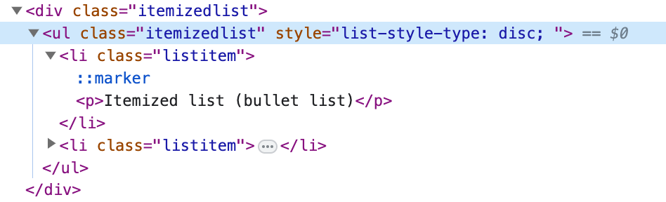 HTML shown in Google Chrome inspection tool. The following line is highlighted: <ul class="itemizedlist" style="list-style-type:disc; ">