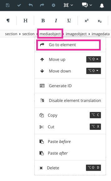 Paligo editor. The mediaobject element is selected in the element structure menu. A drop down menu has many options, but a highlight box is around the go to element option.
