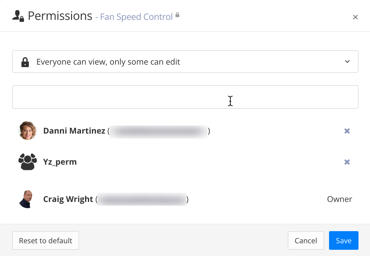 Permissions dialog for a topic. The topic is set so that everyone can view it, but only some can edit it. At the bottom of the dialog is a list of the users and groups that have permission to edit.