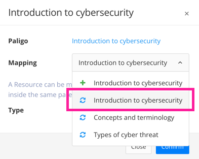 Section properties dialog in Zendesk Preflight. The Mapping dropdown options are revealed. A callout box highlights the option that has a blue reuse symbol and the same title as the selected section.