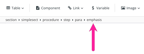 Close-up of Element Structure Menu, which is shown below the toolbar. It has from left-to-right section, simplesect, procedure, step, para, emphasis. A callout arrow points to emphasis.