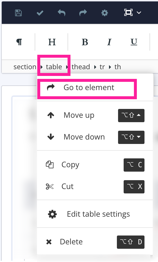 Paligo editor. The table element is highlighted in the Element Structure Menu and the Go to element option is highlighted in the drop-down menu.