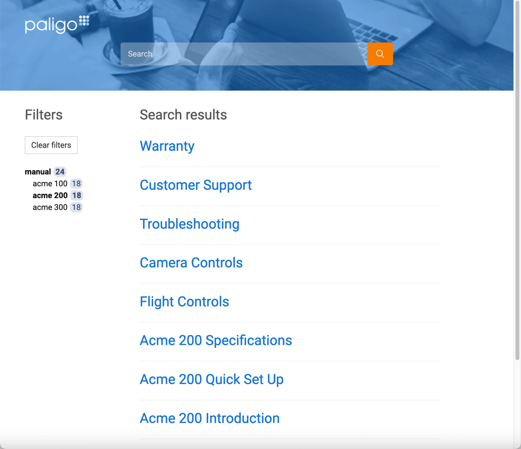 Algolia hierarchical faceted search in Paligo. The HTML5 help center's advanced search page is shown. It has filters shown in a hierarchy on the left and search results in a list on the right.