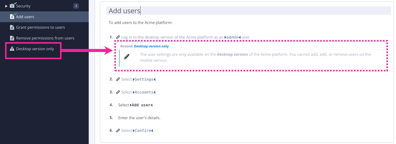 Paligo editor showing a topic and the Content Manager. A callout box highlights a note component in the Content Manager with an arrow pointing to the topic, where the note component is inserted as content.