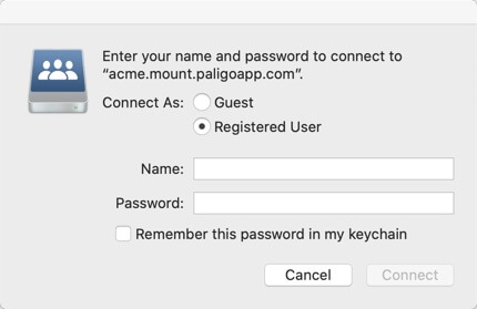 Name and password prompt. It has the registered user option selected and there are fields to enter the name and password. These need to be set to match the name and password of your Paligo login.