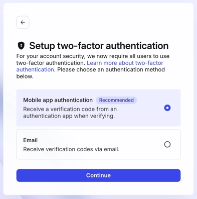 Setup two-factor authentication panel. It has options for mobile app authentication, email, and a continue button.