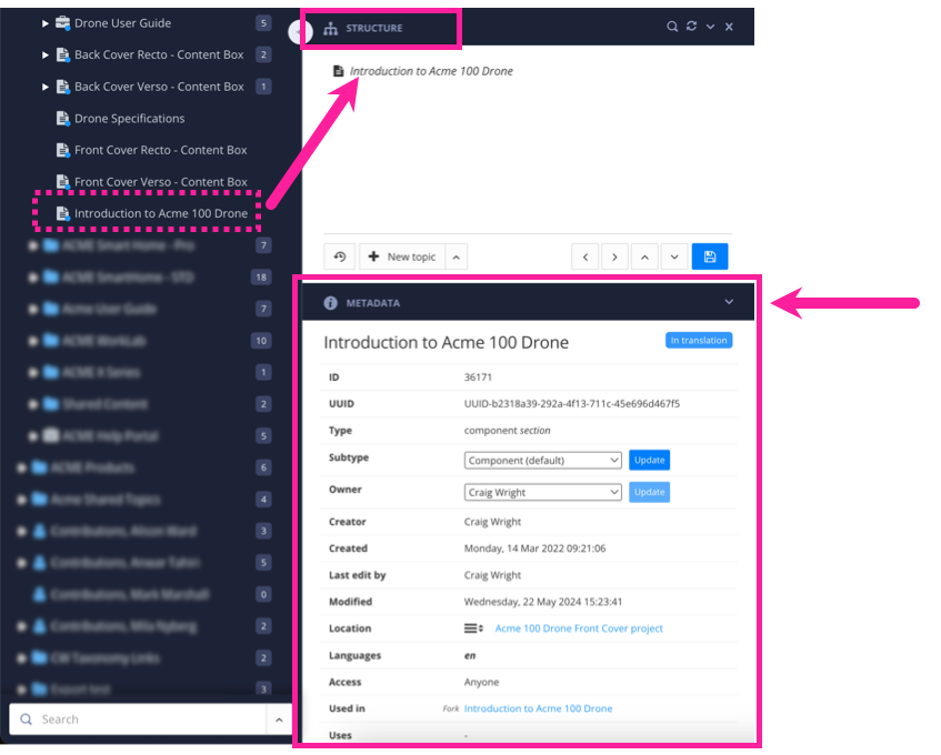 Paligo metadata shown in the metadata section of a topic's structure view.