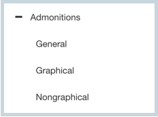 Close-up of PDF Layout's Admonitions settings. There is an Admonitions category and it has General, Graphical, and Nongraphical subcategories.