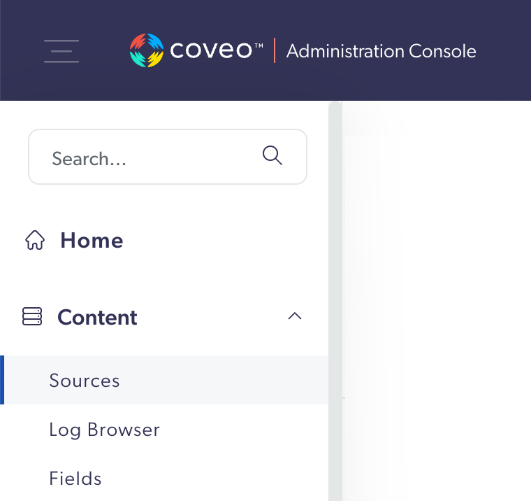 Coveo sidebar. The Content menu is expanded revealing several options. The Sources option is selected.