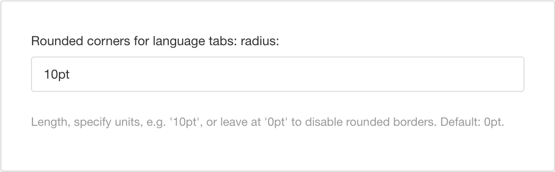 PDF layout, Rounded corners for language tabs: radius setting. It has a value of 10pt.