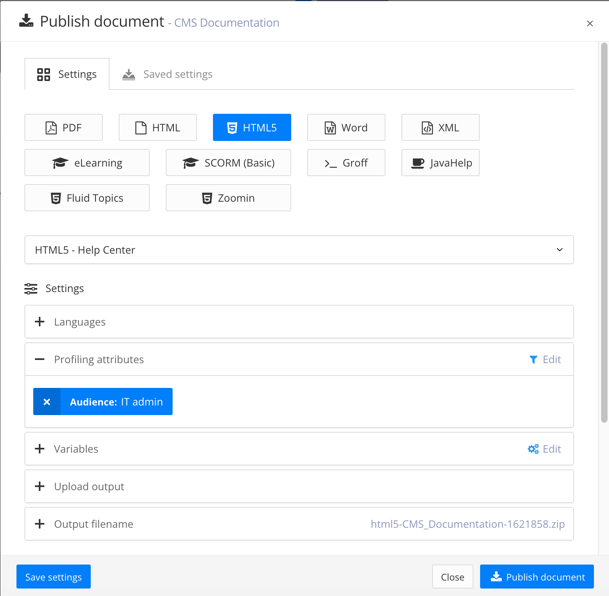 Publish document dialog. The publishing settings are for an HTML5 help center output. The profiling attributes have Audience: IT admin set to be included.