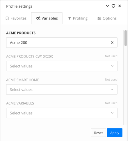 Profile settings dialog. It shows the Variables tab is selected. A Variable Set called Acme Products has the Acme 200 variant chosen.