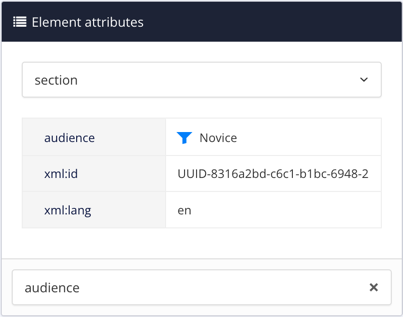 Element attributes panel. The section element is selected. It has an audience filter attribute with the value: Novice.