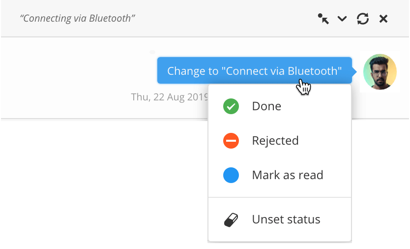 Individual comment is selected revealing a menu containing options for changing the comment status.