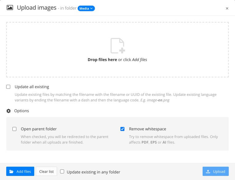 Upload images dialog. It has a box for dragging and dropping images files and an options section. The options section has a checkbox for opening the parent folder and another checkbox for removing whitespace on vector images. There are All files, Clear List, and Upload buttons at the bottom.