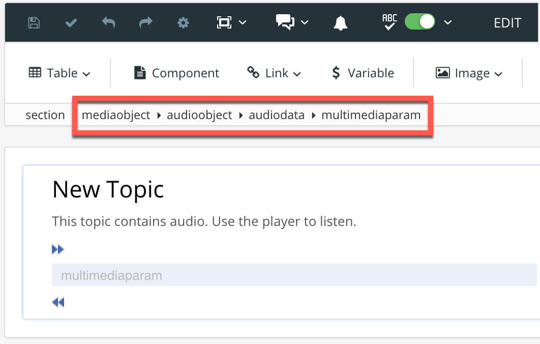 The Element Structure Menu shows the required structure for audio. At the top level is section, then mediaobject, then audioobject, then audiodata, then multimediaparam.