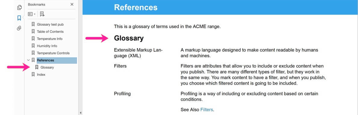 PDF output showing a References topic on display. The topic contains a glossary and the glossary has its own title called "Glossary". In the bookmarks side panel, there is a top-level entry for the References topic and it has a sub-level link to the glossary title.