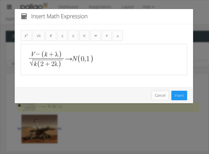 Built-in math editor shows an equation.