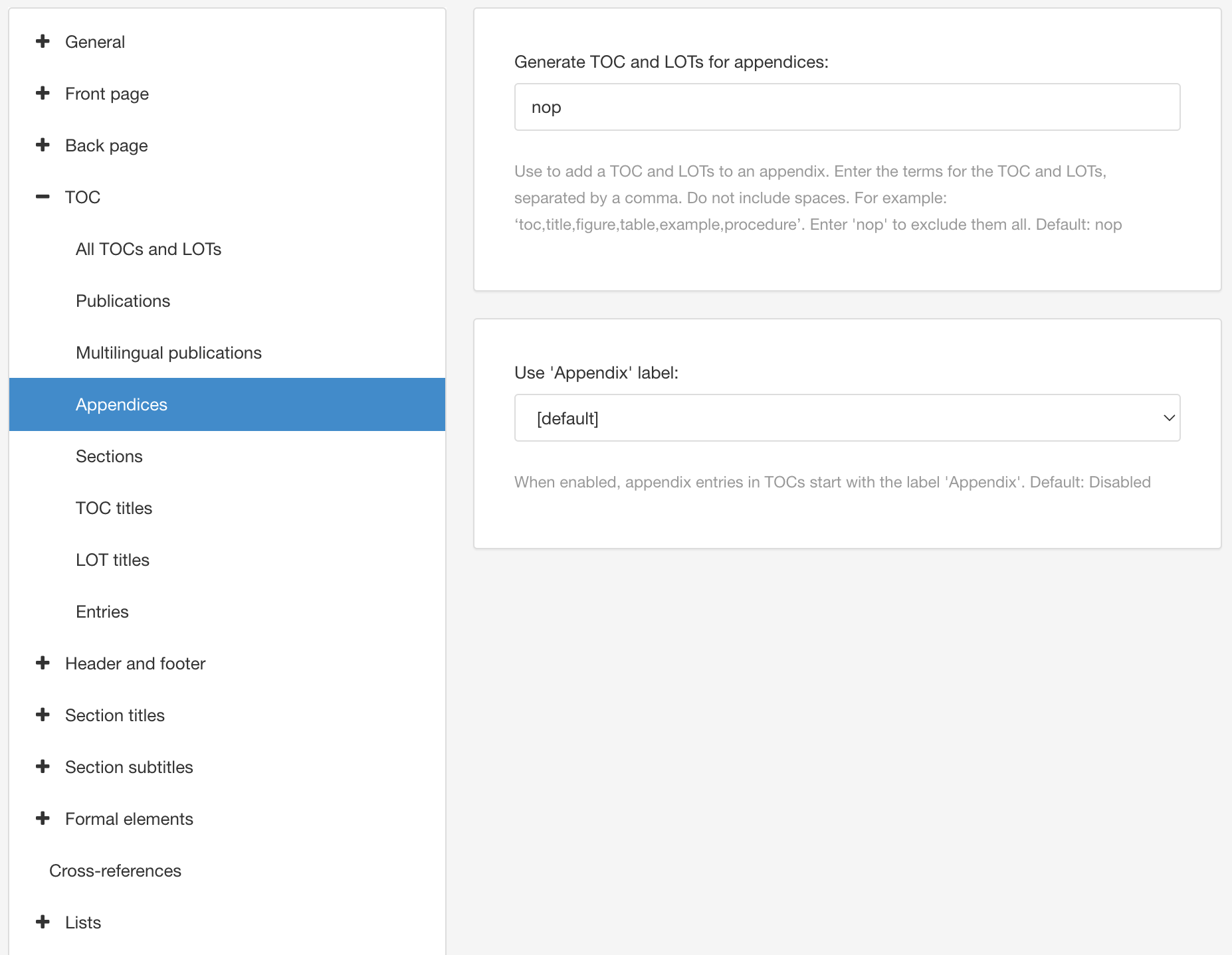 PDF Layout. TOC settings. Appendices category.