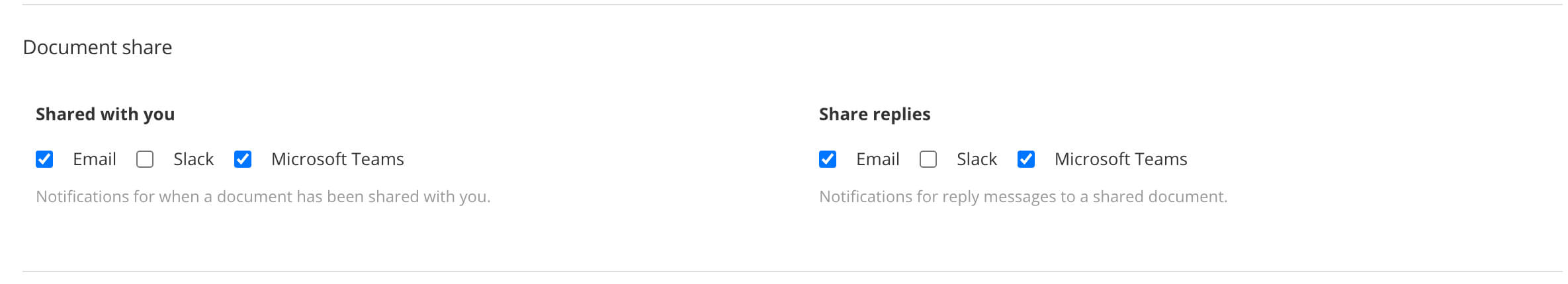 Document share settings on the notifications tab of the My Profile dialog. There are options to choose whether you are notified when content is shared with you or when people reply to a shared document.