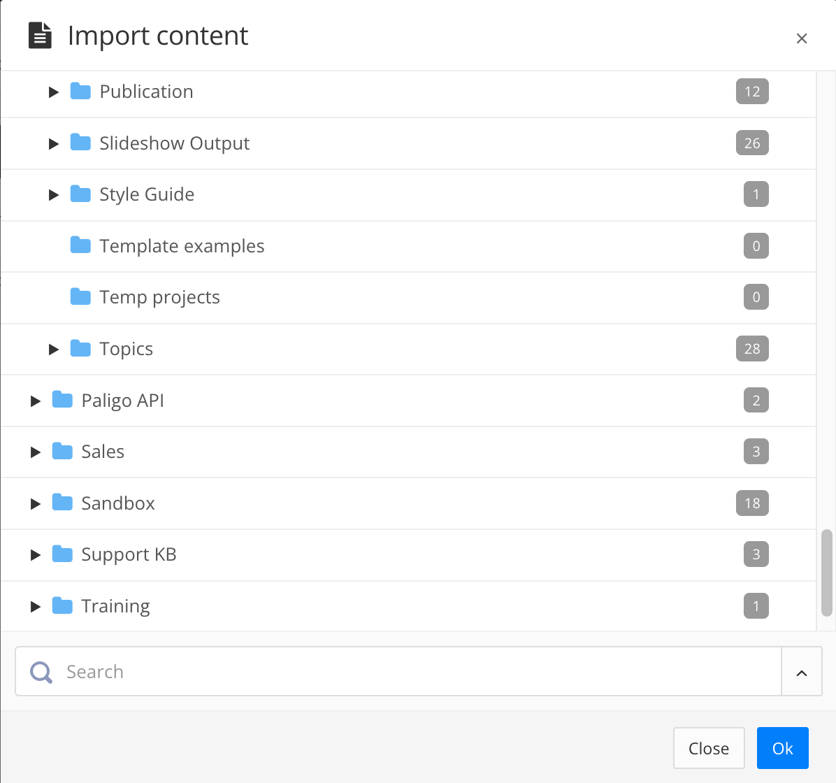 Import content dialog. It shows a hierarchy of folders.