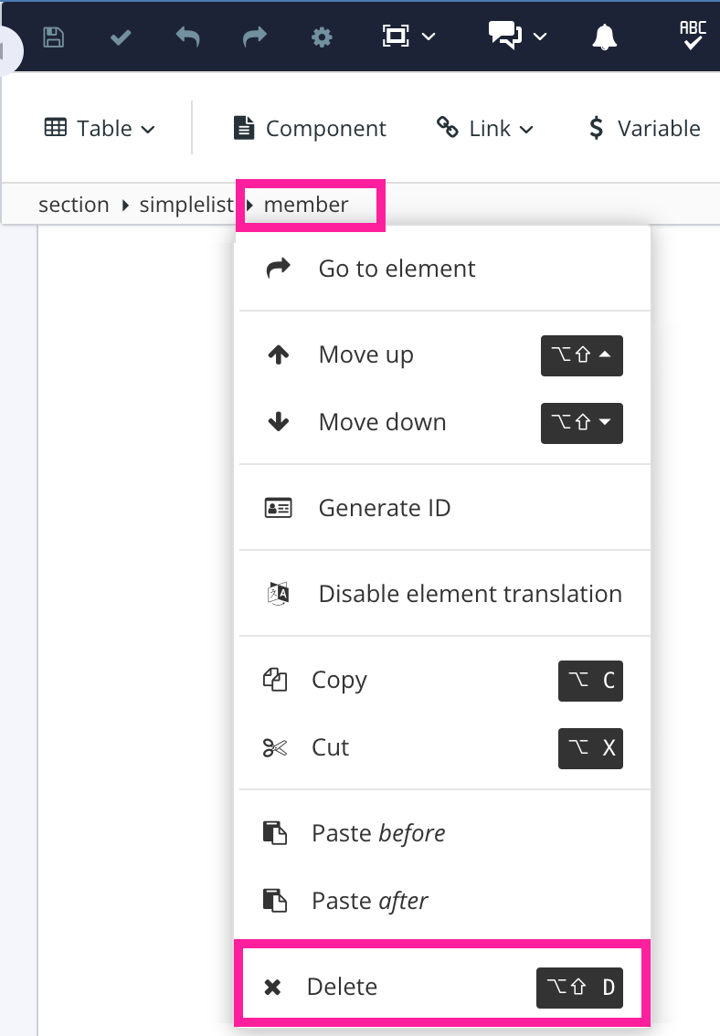 Close up of Element Structure Menu. It shows section, simplelist, member in order from left to right. A callout box highlights member and a dropdown menu is shown. A callout box highlights the Delete option in the menu.