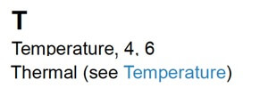 Index for the letter T. It has an entry for Temperature with two page numbers as references. Below that, there is an entry for Thermal, next to it is the text: see Temperature.