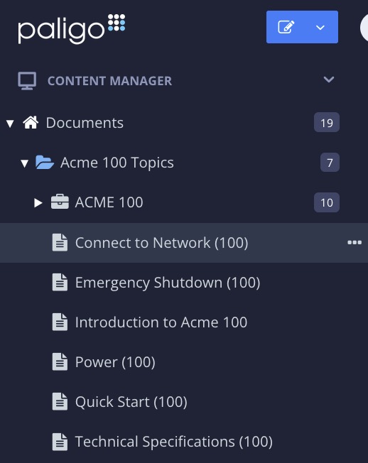 Content Manager in Paligo. It shows the Documents section contains an Acme 100 Topics folder. Inside the folder there is a publication and many topics, including "Connect to Network (100).