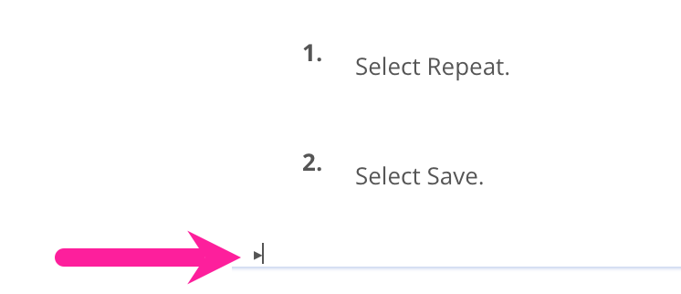 Topic in the Paligo editor. The cursor is at a position after a procedure, where a para element is valid. A callout arrow points to the position.
