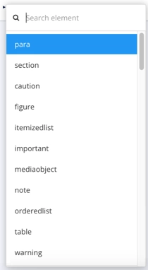 Element context menu. It has a search and a list of elements that are valid at the current cursor position.