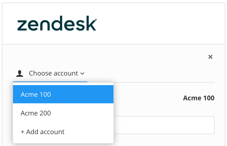 Paligo Zendesk integration settings. The Choose account dropdown is selected, revealing a menu. It contains options for each account and also Add account.