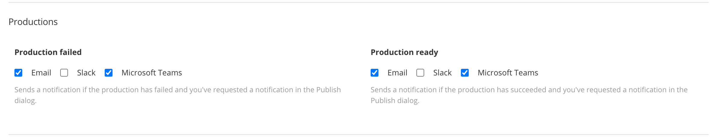 Productions settings on the Notifications tab of the My Profile dialog. There are settings for choosing whether you are notified about productions and production failures.