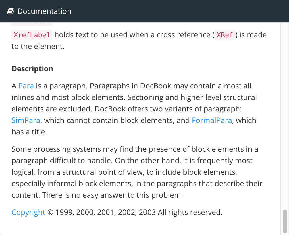 The Documentation section. This shows a brief explanation of the elements.